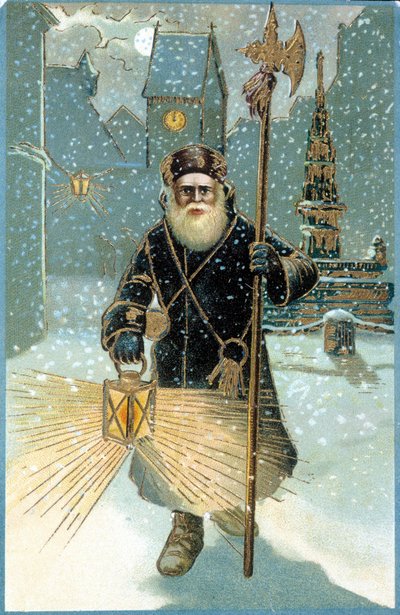 Babbo Natale nella notte con lanterna. Cartolina del XIX secolo da Unknown artist