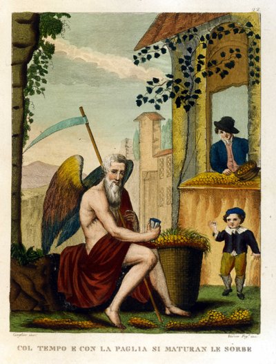 Detti: "Con il tempo e la paglia maturano le nespole e le ghiande" (il tempo fa maturare tutto), Illustrazione da una raccolta di proverbi. XIX secolo da Unknown artist