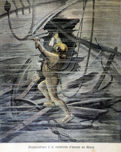 Palombaro alla ricerca di relitti a Le Havre. Illustrazione del "Petit Journal" del 1892. da Unknown artist
