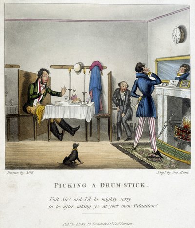 Scena che raffigura tre uomini in un ristorante inglese. Uno di loro (l
