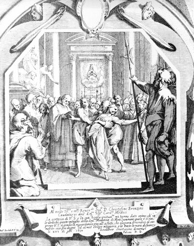 Scena di esorcismo di una donna posseduta usando la Madonna di Monsummano nel 1630 da Unknown artist