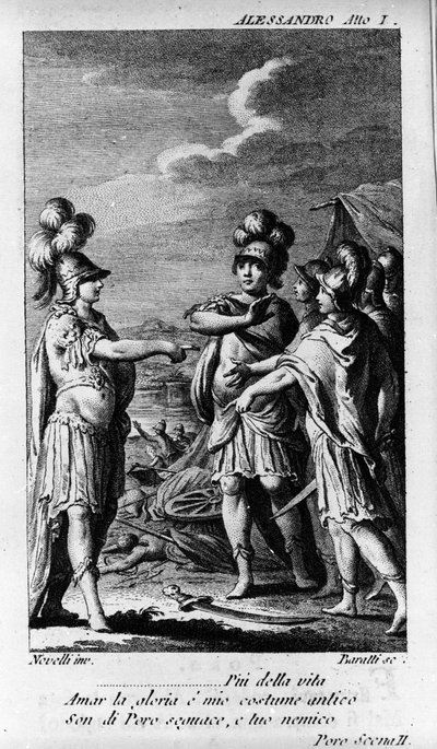 Scena del primo atto di Alessandro nelle Indie, opera del compositore Niccolò Vito Piccinni (o Piccini) (1728-1800) (1758) su libretto di Pietro Metastasio (Metastasio). Incisione della fine del XVIII secolo da Unknown artist