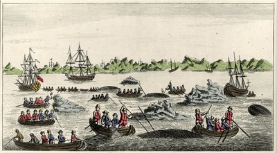 Scena di pesca alla balena in Groenlandia nel XVIII secolo, stampa popolare anonima del periodo da Unknown artist