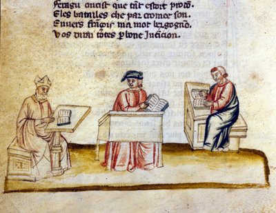 Scienziati che studiano in un monastero. Miniatura dal manoscritto franco-italiano "Entrée d
