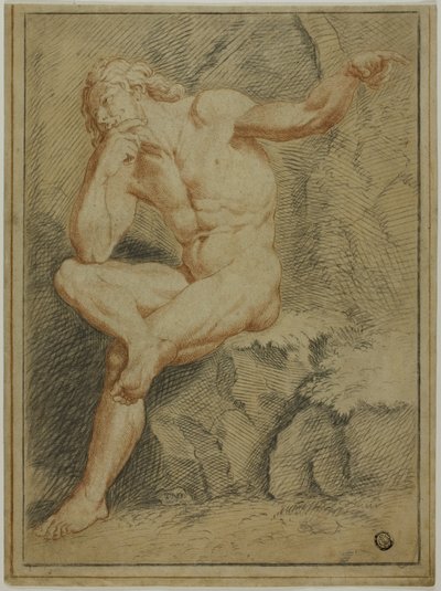 Nudo maschile seduto che indica con la mano sinistra da Unknown artist