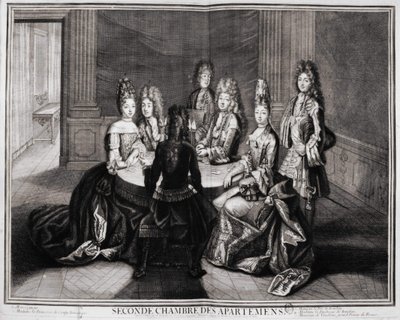 Seconda stanza degli appartamenti (Versailles): 1. Monsignore, 2. Madame Principessa di Conty Vedova, 3. Monsieur il Duca di Borbone, 4. Madame la Duchessa di Borbone, 5. Monsieur de Vendôme, Gran Priore di Francia. Incisione di Trouvain, inizio 18° secolo da Unknown artist