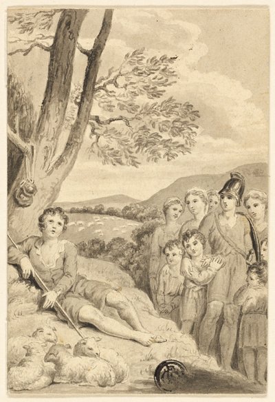 Pastorello con gregge, osservato da guerriero, donne e bambini da Unknown artist