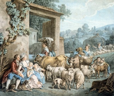 Pastori e gregge di pecore davanti a una fattoria da Unknown artist