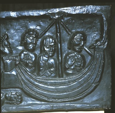 Nave del 12° secolo. Dettaglio della Cattedrale di Winchester. Prima rappresentazione conosciuta di un moderno timone di poppa. In precedenza venivano utilizzati uno o due remi sui lati della poppa. da Unknown artist