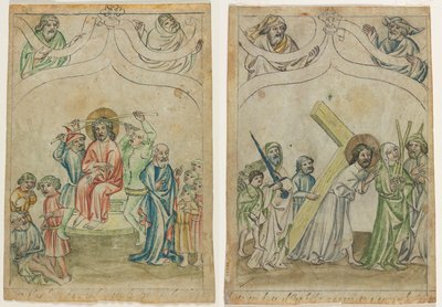 Foglio singolo da una "Biblia Pauperum": Cristo coronato di spine (recto) Cristo che porta la croce (verso) da Unknown artist