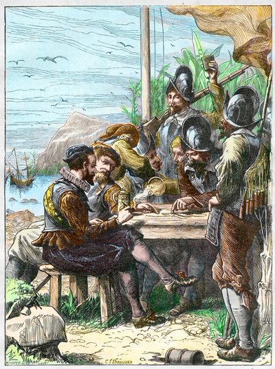 Sir Walter Raleigh a Trinidad, riceve informazioni dai soldati spagnoli riguardo alla Guiana, 1595 da Unknown artist