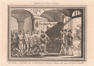 Sir Walter Raleigh libera cinque re indiani, che erano tutti legati insieme da Unknown artist