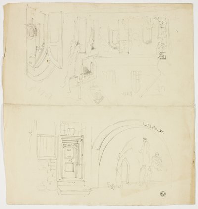 Schizzi di portone, figure, edificio con ingresso laterale alla chiesa (recto); schizzo di guglia (verso) da Unknown artist