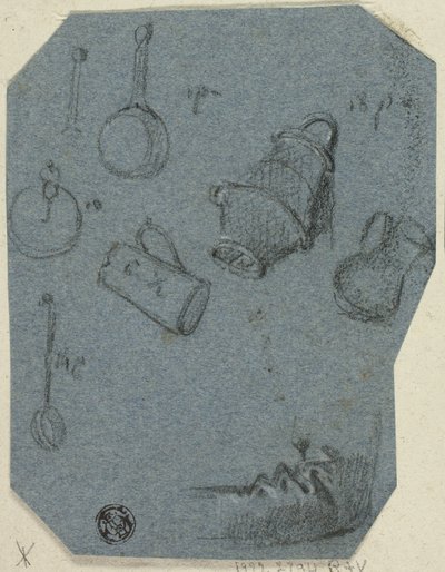 Schizzi di utensili da cucina, braccio piegato (recto); scena storica (verso) da Unknown artist