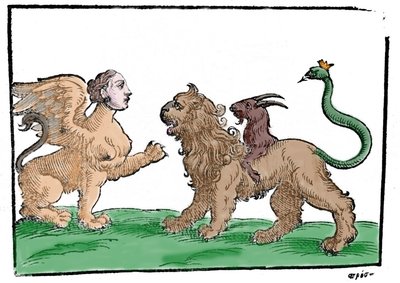 Sfinge contro Chimera da Mythologiae sive explicationes fabularum di Natalis Comitis. Patavia 1637 da Unknown artist