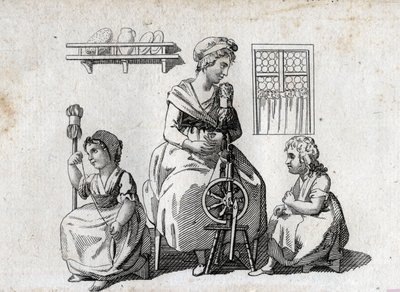 Filatura: madre e figlie che filano lana. La donna usa un filatoio e la figlia usa un fuso. Incisione della fine del XVIII secolo. Collezione privata da Unknown artist
