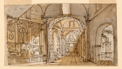 Progetto scenico, interno di una chiesa da Unknown artist