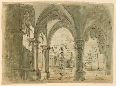 Progetto scenico, portico con edifici da Unknown artist