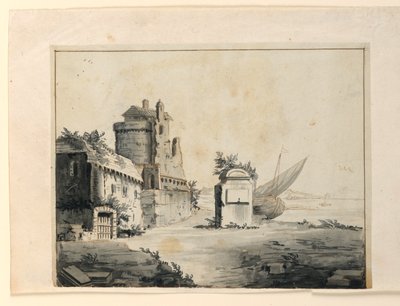 Scenografia, rovine vicino alla riva da Unknown artist