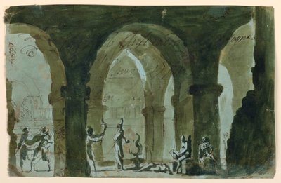 Scenografia, persone che si precipitano nella cripta da Unknown artist