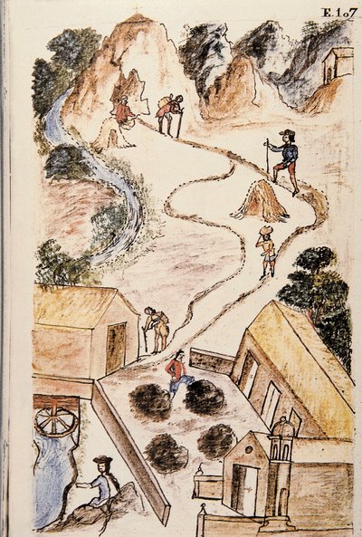 Fasi della produzione del metallo dalle miniere ai carichi, dal libro "Trujillo del Peru" o "Codice Martínez Compañón", di Baltazar Martinez Compañón y Bujanda, vescovo di Trujillo (1782-1785) da Unknown artist
