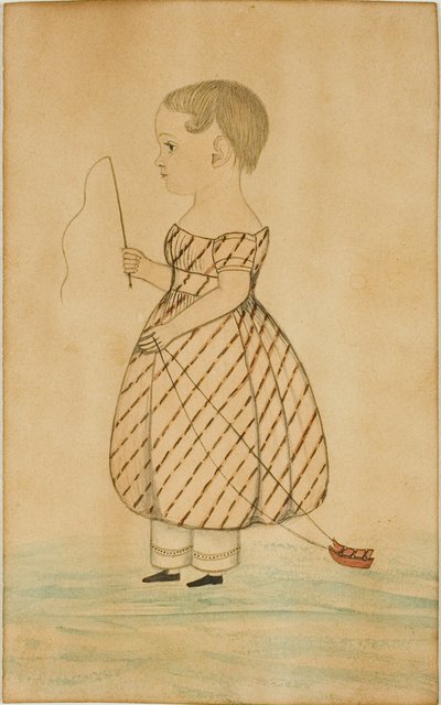 Ragazza in piedi di profilo a sinistra con frusta e slitta giocattolo da Unknown artist