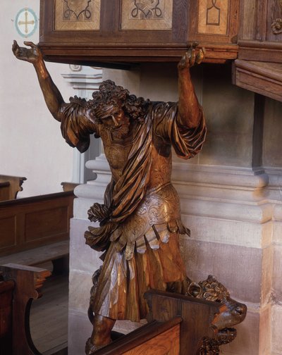 Statua di Sansone sotto il pulpito della chiesa abbaziale di Ebersmunster, Alsazia da Unknown artist