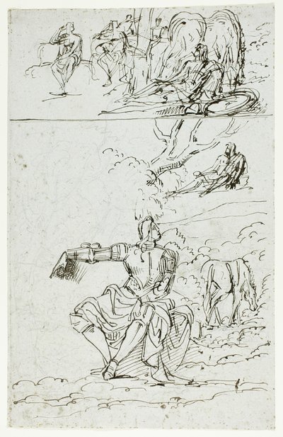 Foglio di studio con cavaliere seduto (recto); figura maschile in piedi in abiti medievali (verso) da Unknown artist