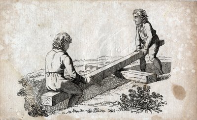 Altalena: due bambini su una corda. Incisione della fine del XVIII secolo. Collezione privata da Unknown artist