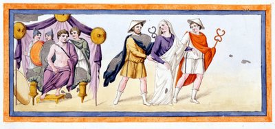 Taltibio ed Euribate portano la vergine Briseide davanti ad Achille, che si trova nella tenda dei Mirmidoni. Iliade Canto I, v 345. Incisione della fine del XVIII secolo da Unknown artist