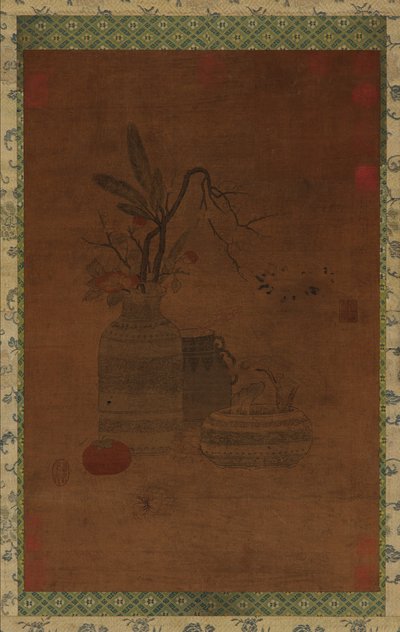 Arazzo: una ciotola, due vasi, fiori e frutta da Unknown artist