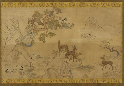 Arazzo: paesaggio con cervi, cicogne, pini e pesco da Unknown artist
