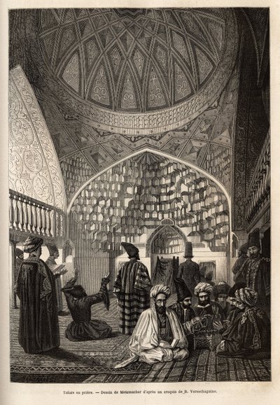 Tartari in preghiera, nella Moschea di Schusha (Transcaucasia, Russia). Incisione per illustrare il viaggio nelle province del Caucaso, di Basile Vereschaguine, nel 1864-1865, pubblicato in “le tour du monde”, sotto la direzione di D