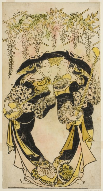Gli attori Sanjo Kantaro (a destra) e Fujimura Handayu (a sinistra) come musicisti che suonano sotto il glicine da Unknown artist