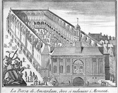 La Borsa di Amsterdam dove si riuniscono i mercanti. Incisione del XVIII secolo da Unknown artist