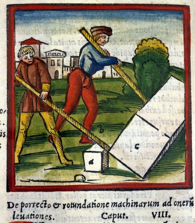 La leva di Archimede (287 a.C. - 212 a.C.) in De architectura di Vitruvio. 1630. Trivulziana, Milano. da Unknown artist