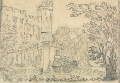 Il retro di un grande castello con ruota idraulica in primo piano da Unknown artist