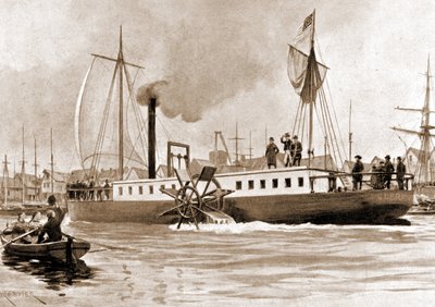 Il Clermont, una barca costruita nel 1807 da Robert Fulton (1765-1815) per fornire il collegamento New York - Albany sul fiume Hudson. Incisione del XIX secolo. da Unknown artist
