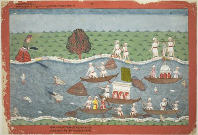 Il demone Sambar getta il neonato Pradyumna nel fiume, pagina da un manoscritto disperso del Bhagavata Purana da Unknown artist