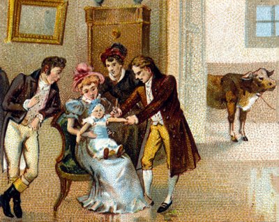 Il medico inglese Edward Jenner (1749-1823) inocula il vaiolo sul braccio di un bambino per vaccinarlo. La mucca da cui è stato preso il siero è sullo sfondo. Cromolitografia del XIX secolo da Unknown artist