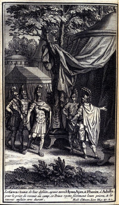 I Greci, stupiti dalla loro sconfitta, inviano Ulisse, Aiace e Fenice da Achille per pregarlo di tornare al campo. Questo principe respinge orgogliosamente le loro preghiere e poi li rimanda indietro duramente. Illustrazione del libro IX dell