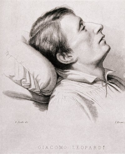 Il poeta italiano Giacomo Leopardi (1798-1837) sul letto di morte. Incisione del XIX secolo da Unknown artist