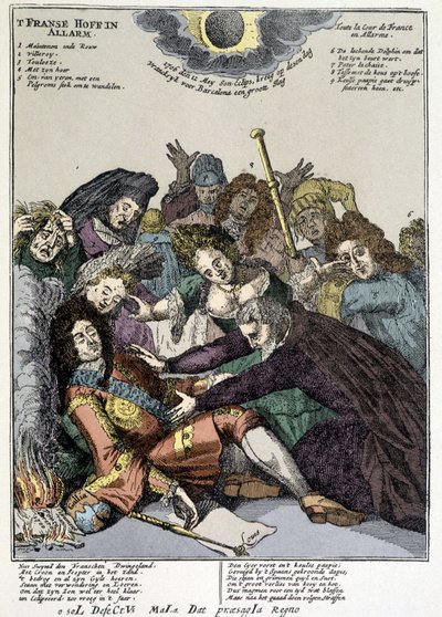 Il re svenuto e i cortigiani lo circondano, piangendo: scherno sulle falde di Luigi XIV nei Paesi Bassi e in Italia nel 1706 da Unknown artist