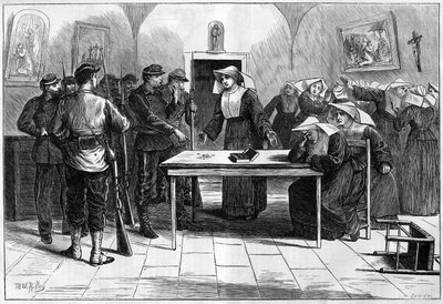 La Comune di Parigi nel 1871. Perquisizione dei federati (comunardi) di una casa occupata da suore (Piccole Sorelle dei Poveri), situata in Rue de Sèvres. I federati, dopo aver scoperto il denaro della comunità delle suore, rimettono il denaro nella scatol da Unknown artist