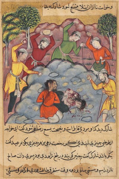 La figlia del Raja e il suo amante lapidati a morte per adulterio, da un Tuti-nama (Racconti di un pappagallo): Quarantaduesima Notte da Unknown artist