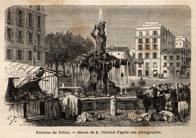 La Fontana del Tritone, a Roma, creata nel 1643 da Gian Lorenzo Bernini (1598-1680), in Piazza Barberini. Incisione per illustrare il viaggio a Roma, di Francis Wey, nel 1864-1868, pubblicato in "Le tour du monde, nouveau da Unknown artist