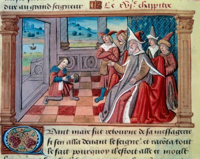 Il navigatore veneziano Marco Polo (1254-1324) davanti al grande Qubilai (Kubilai Khan, primo imperatore della dinastia mongola Yuan (1215-1294). Miniatura tratta da "Il Milione" di Marco Polo da Unknown artist
