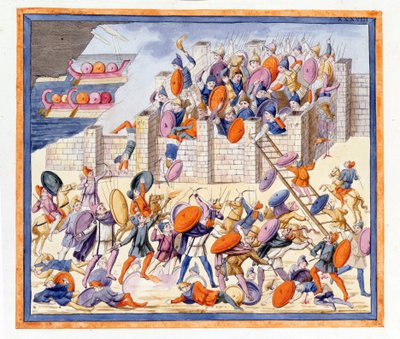La battaglia su entrambi i lati delle mura costruite dai Greci. L