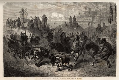 La danza del bisonte eseguita dai guerrieri degli indiani Mandans (o noumah ka kie: fagiani) sulla riva sinistra del Missouri. Incisione per illustrare un