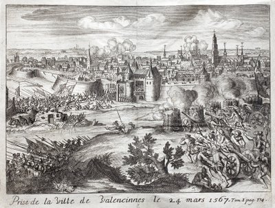 La città di Valenciennes fu presa il 24 marzo 1567. Prima battaglia della rivolta dei Gueux. Incisione per illustrare History of the War of F da Unknown artist